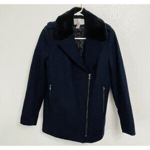 H & M Wool Blend Coat Size 6 Navy Side Zip Pockets Off-set Front Zipper (U5)